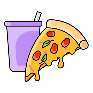Pizza Slice with Melting Cheese concept,  hot and freshly baked pizzeria piece vector color icon design, Fastfood symbol, Grab and go meals sign, Takeout takeaway snack stock illustration 