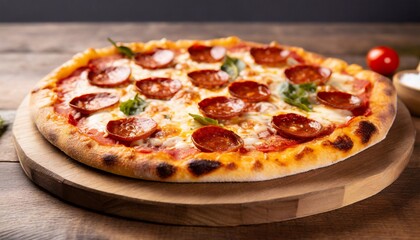 Pepperoni pizza on wooden board