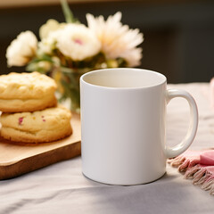 Coffee mug, a white cup on a table with pastries and flowers. Styled photo, product mockup