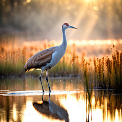 Sandhill crane in a misty wetland with morning sunlight glow  © driftwood