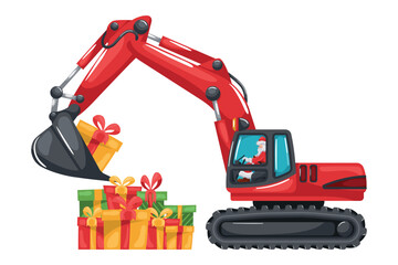 Santa Claus driving a tracked or crawler excavator loading boxes of gifts. Merry christmas. Celebrating the beginning of a happy new year. Heavy machinery in the construction industry