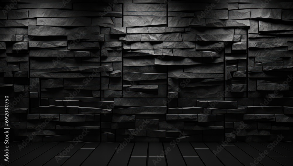 Canvas Prints  a dark room with a wooden floor and a wall made of blocks of black stone, with a wooden floor in front of it.