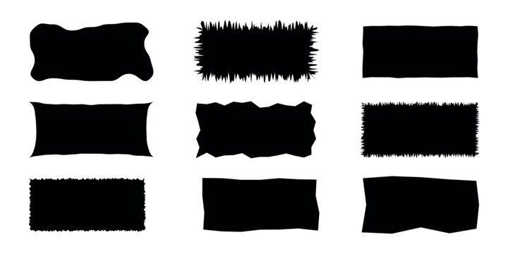 Set of 9 black zigzag edge rectangle shapes. Frames with jagged edgesTorn paper pieces. vector illustration