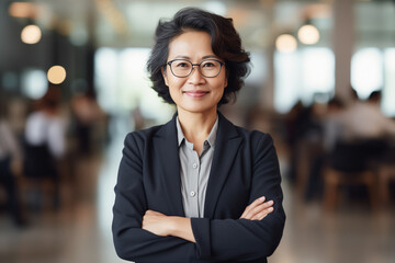 Happy middle aged business asianwoman ceo standing in office with arms crossed. Smiling mature confident professional executive manager, proud lawyer, business leader in suit - obrazy, fototapety, plakaty