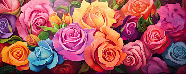 Naklejka premium Colored flowers wallpaper top view. Rainbow roses wide banner