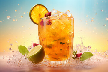 Mojito cocktail with ice cubes, lemon and rose flowers on colorful background