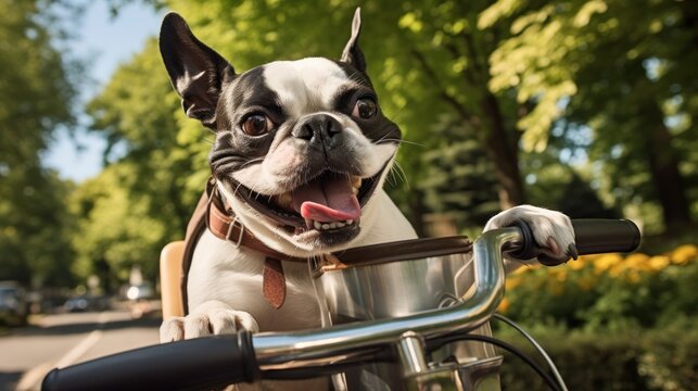  a close up of a dog on a bike with its mouth open and tongue hanging out of the handlebars.