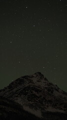 Northern Lights or Aurora Borealis in the Lofoten Islands, Norway. Polar lights in a starry sky over a snow-covered winter landscape.