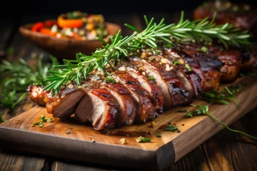 Foto op Canvas Close up view of succulent roasted sliced barbecue pork ribs with tender, flavorful sliced meat © Ilja