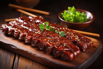 Savory close up of roasted bbq pork ribs with succulent meat slices, an appetizing delight.