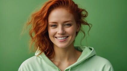 Fototapeta premium smiling redhead caucasian Woman wearing blank white hoodie isolated on solid bright green background