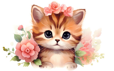 Cute kitten watercolor floral graphic, colorful kitten on a white background. 