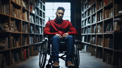 Obraz premium Young person in a wheelchair reading a book in a library, surrounded by shelves filled with books.