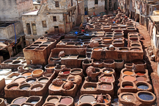 Traditional tennery and dyeworks in Fes, Morocco.