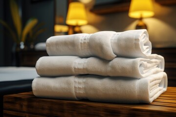 Clean towels on bed at hotel room