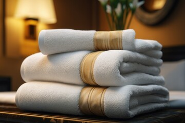 Obraz na płótnie Canvas Clean towels on bed at hotel room