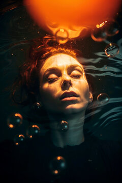 Generative AI image of woman submerged in water with bubbles