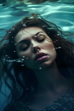 Generative AI image of a submerged woman in tranquil waters