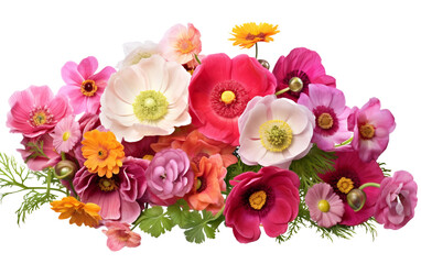 Beautiful Combination Blooms Ranunculus, Cosmos and Hibiscus Isolated on Transparent Background PNG.