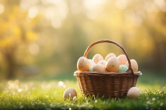 Easter wicker basket, colorful painted eggs in green grass, sunny day, egg hunt, banner background