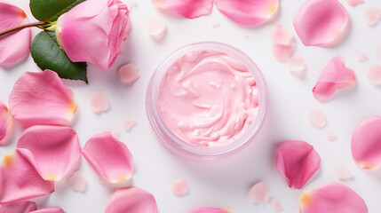 Elegant Pink Roses Petals: Overhead View of Natural Cosmetic Botanical Composition - Fresh Organic Beauty Background for Skincare and Wellness Products Display.