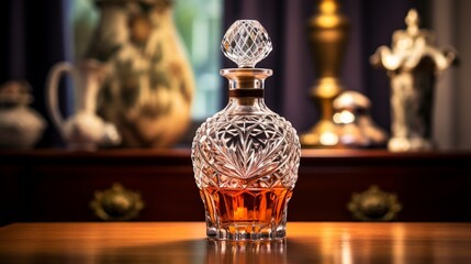 Fototapeta na wymiar An antique whisky decanter, with intricate glasswork, set on a mahogany table with a soft-focus background.