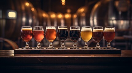 A beer flight on a paddle, each glass capturing the light differently, set against a backdrop of copper brewing kettles.