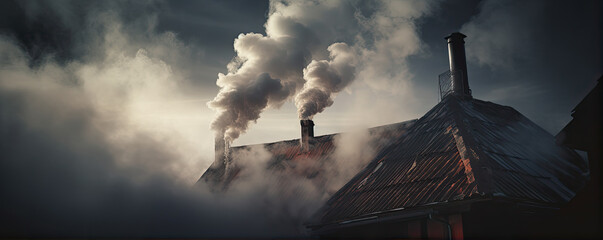 Dense smoke from the chimney of  apartment building during heating. - obrazy, fototapety, plakaty
