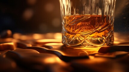 A close-up of the neck and shoulder of a whisky bottle, highlighting the embossed brand name and the texture of the glass, against a background of warm, golden light.