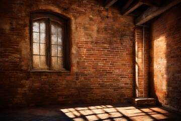 Fototapeta na wymiar A rustic brick wall bathed in warm sunlight, showcasing intricate textures and weathered charm.