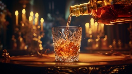 A close-up of whisky being poured from an ornate bottle into a glass, capturing the dynamic splash and the liquid's rich color. - obrazy, fototapety, plakaty