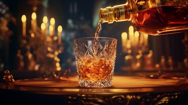 A close-up of whisky being poured from an ornate bottle into a glass, capturing the dynamic splash and the liquid's rich color.
