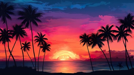 Fototapeta na wymiar sunset at exotic tropical beach with palm trees and sea, colorful illustration in style of purple and orange, beauty at nature