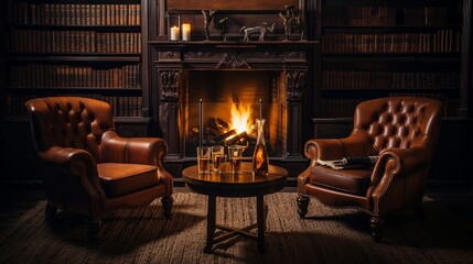 A luxurious whisky lounge setting, with leather chairs, a fireplace, and whisky glasses on a polished wooden table. Ambient, cozy lighting. - obrazy, fototapety, plakaty