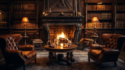 A luxurious whisky lounge setting, with leather chairs, a fireplace, and whisky glasses on a polished wooden table. Ambient, cozy lighting.