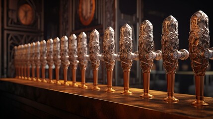 A row of craft beer taps with intricate designs, no logos visible, with a slight mist cooling the air around them. - obrazy, fototapety, plakaty