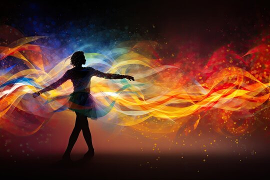 silhouette of a dancer covered in ribbons of colors