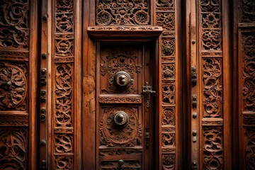 An ancient wooden door with intricate carvings,  the history and craftsmanship of a bygone era.