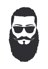 Silhouette of a man with sunglasses, mustache and full garibaldi beard. Hand Drawn Vector Illustration. Design element isolated white background