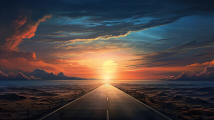 empty asphalt road at sunset, way to new future, hope and new life concept