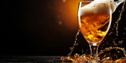Golden Beer Pouring into Glass with Splashing Foam over Dark Background, Celebration of Refreshment with Alcoholic Beverage