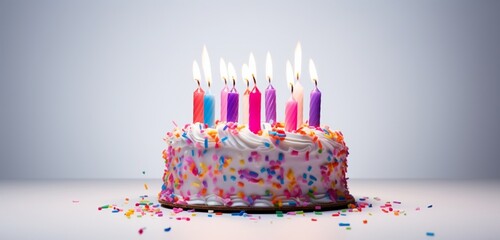 A beautifully decorated birthday cake with lit candles on a white background. - obrazy, fototapety, plakaty