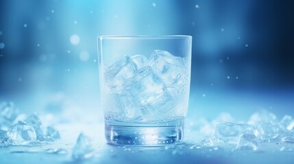 A vodka shot glass, with condensation, set on a surface with frozen ice crystals. The background is a soft, blurred blue.