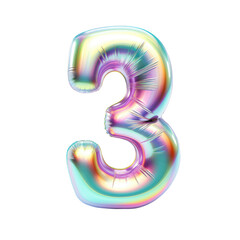 Hologram metallic number 3 balloon Realistic 3D on white background. Generative AI
