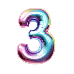 Hologram metallic number 3 balloon Realistic 3D on white background. Generative AI