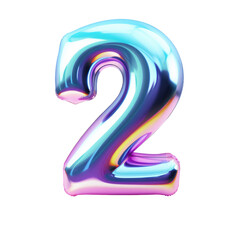 Hologram metallic number 2  balloon Realistic 3D on white background. Generative AI