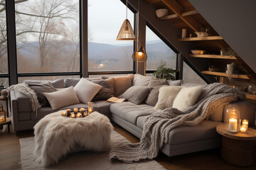 Cozy grey corner sofa with many pillows and fur blankets. Warm and inviting winter atmosphere. Nordic, scandinavian home interior design of modern living room in house in forest. AI generate