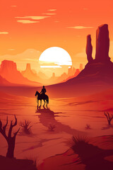 silhouette of cowboy man riding horse at sunset in desert canyon of arizona, in style of orange and red