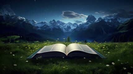 open book lying on meadow grass at night, education and reading concept, in style of fantasy