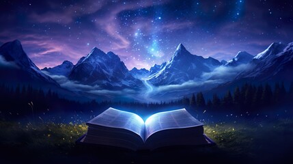 open book lying on meadow grass at night, education and reading concept, in style of fantasy - obrazy, fototapety, plakaty